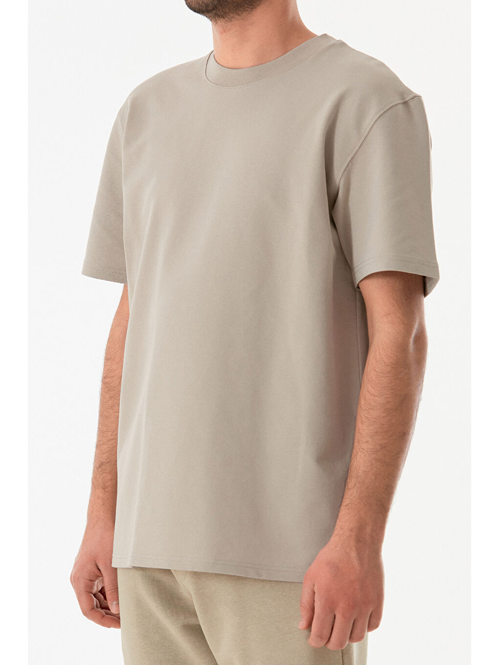 Bej Basic Bisiklet Yaka Tişört-4