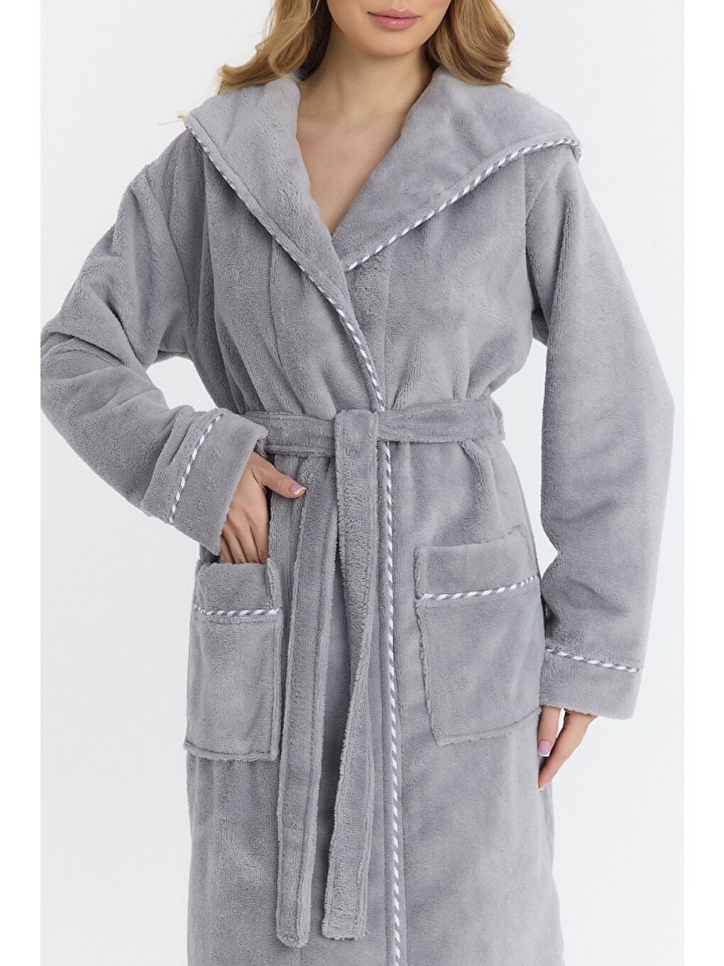 Gri Triga Kapüşonlu Kadın Bornozu %100 Pamuk-1