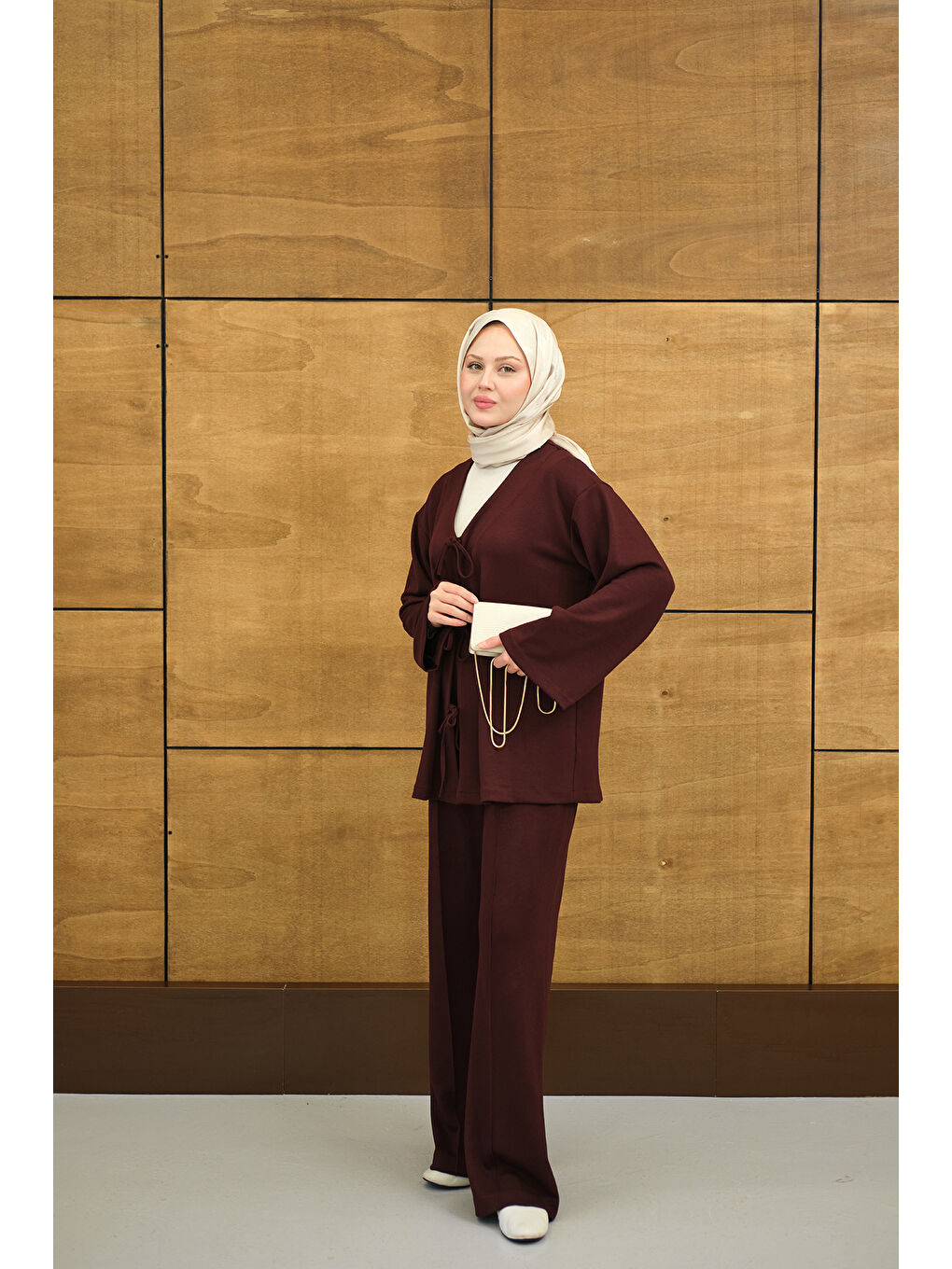 Kadın V Yaka Bağcıklı Regular Viskon Kimono Takım Bordo-1