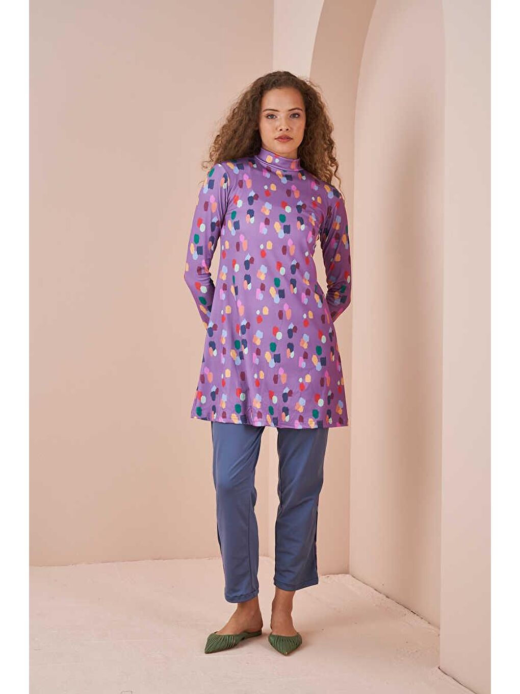 Maldiv Puantiye Desen Tesettür Mayo Lila-1