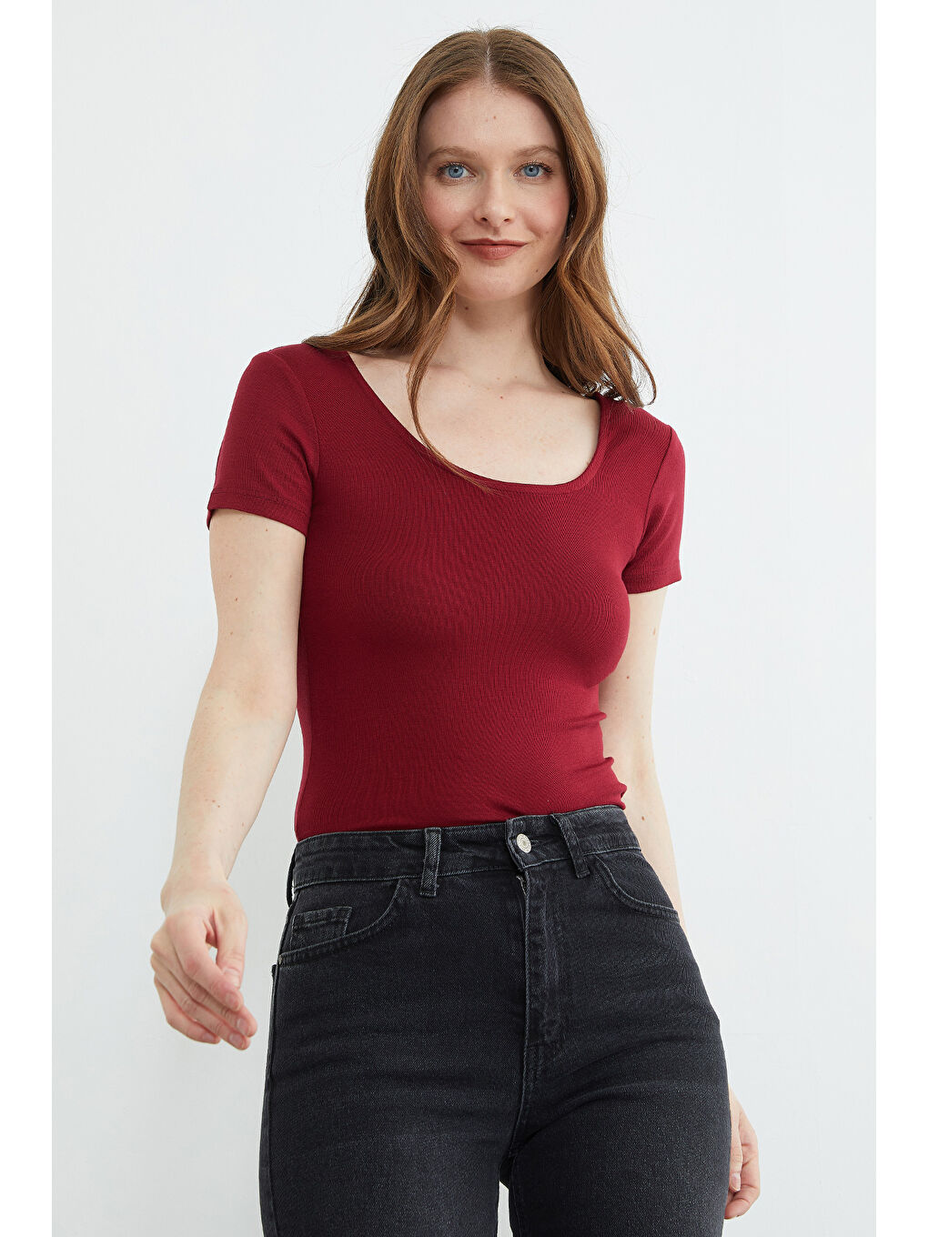 Bordo Basic U Yaka Crop Tişört-2