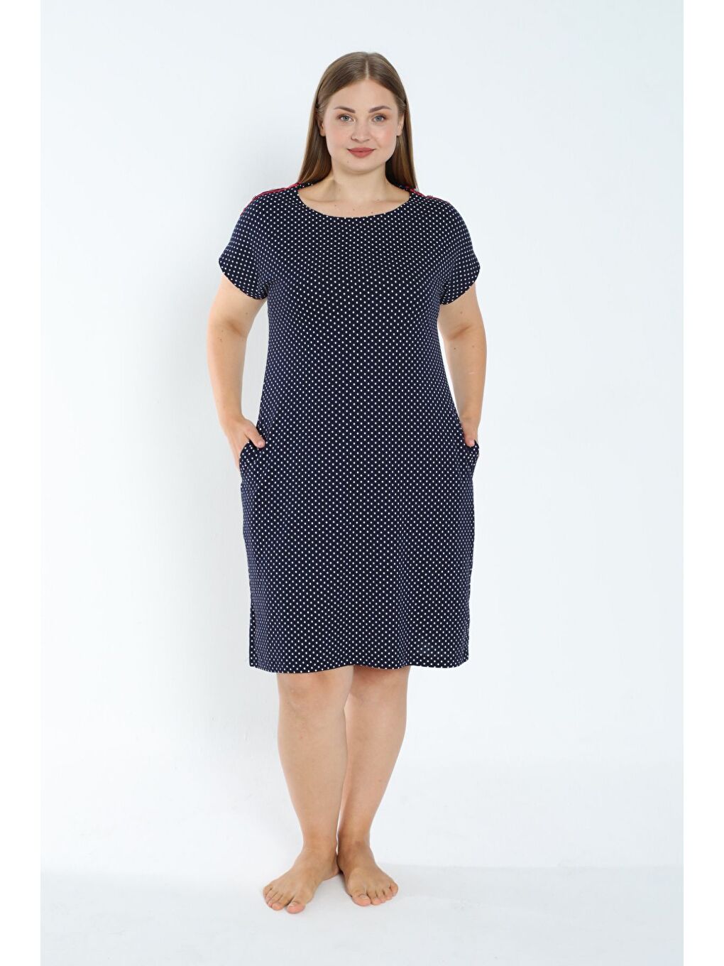 Kadın Puantiyeli Lacivert Büyük Beden Apolet Detaylı Kısa Kollu Elbise-1