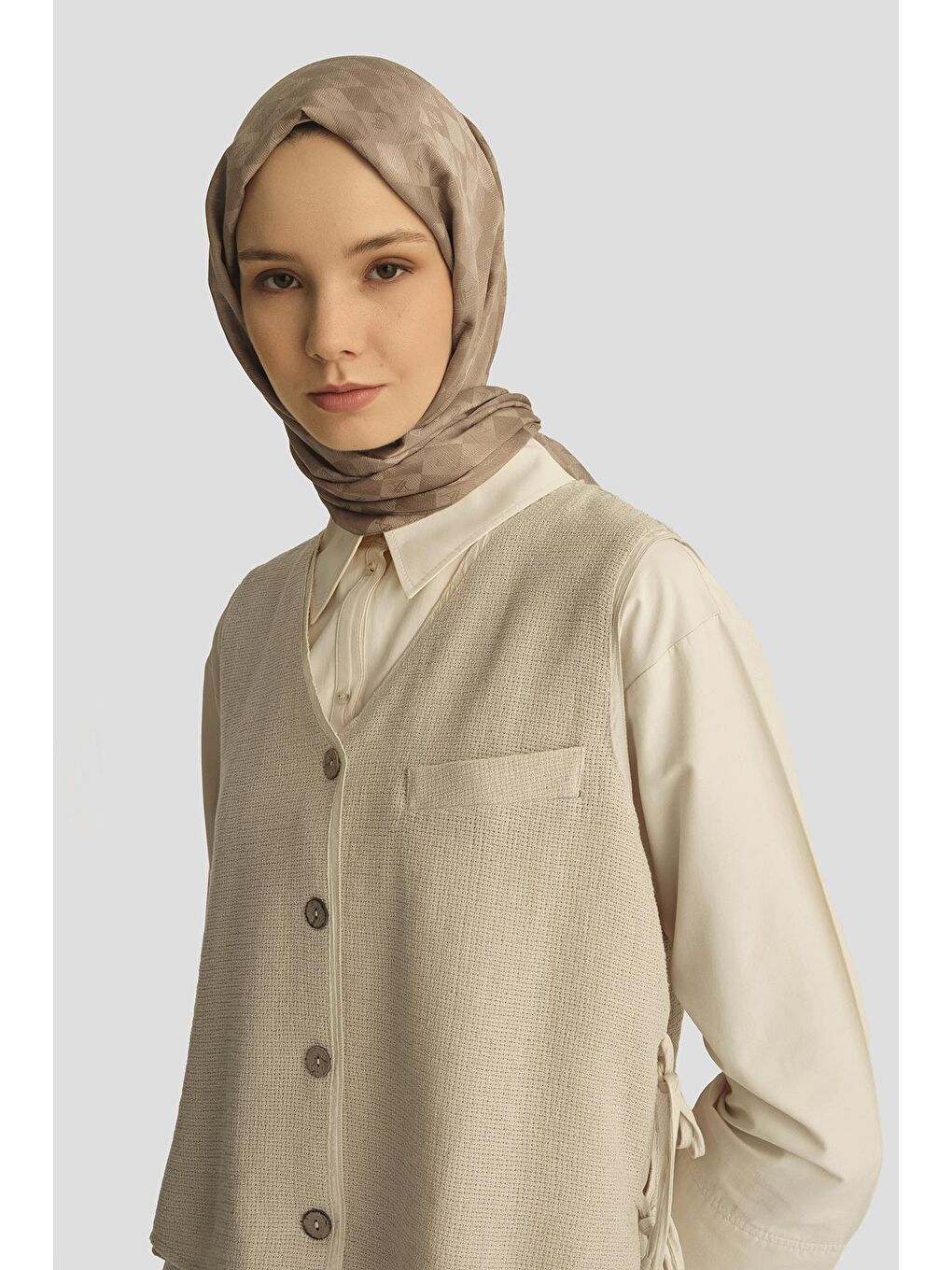 Bej Hasır Dokulu Yelekli Takım 25Y6028 Aytaşı-3