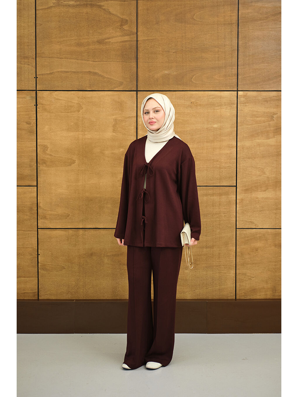 Kadın V Yaka Bağcıklı Regular Viskon Kimono Takım Bordo-2