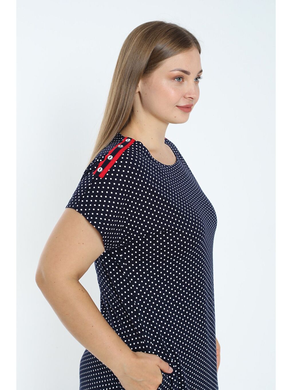 Kadın Puantiyeli Lacivert Büyük Beden Apolet Detaylı Kısa Kollu Elbise-2