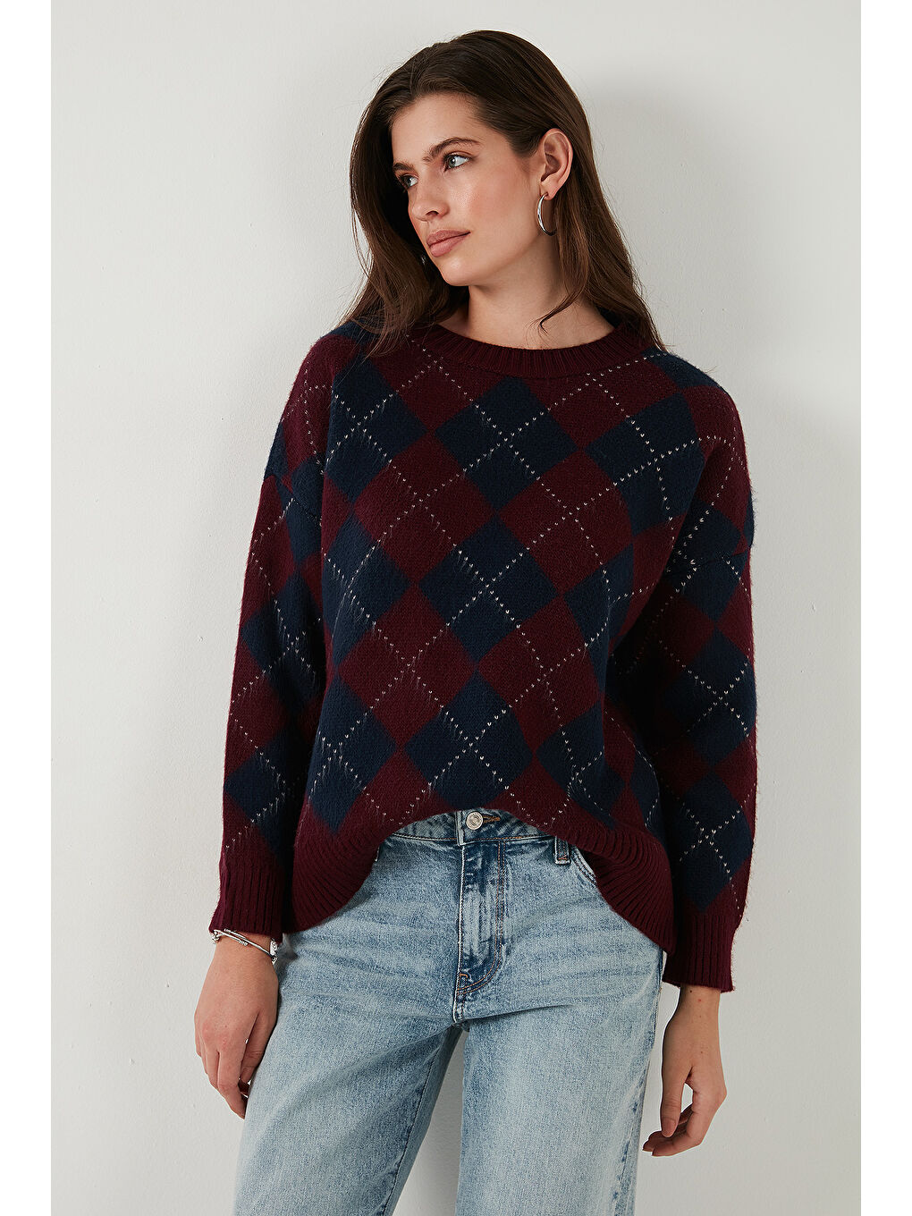 Bordo Oversize Fit Bisiklet Yaka Baklava Desenli Kazak 4615579-5