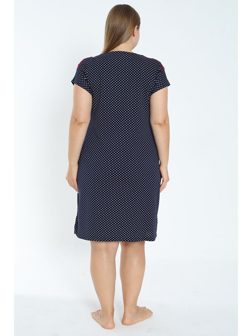 Kadın Puantiyeli Lacivert Büyük Beden Apolet Detaylı Kısa Kollu Elbise-3