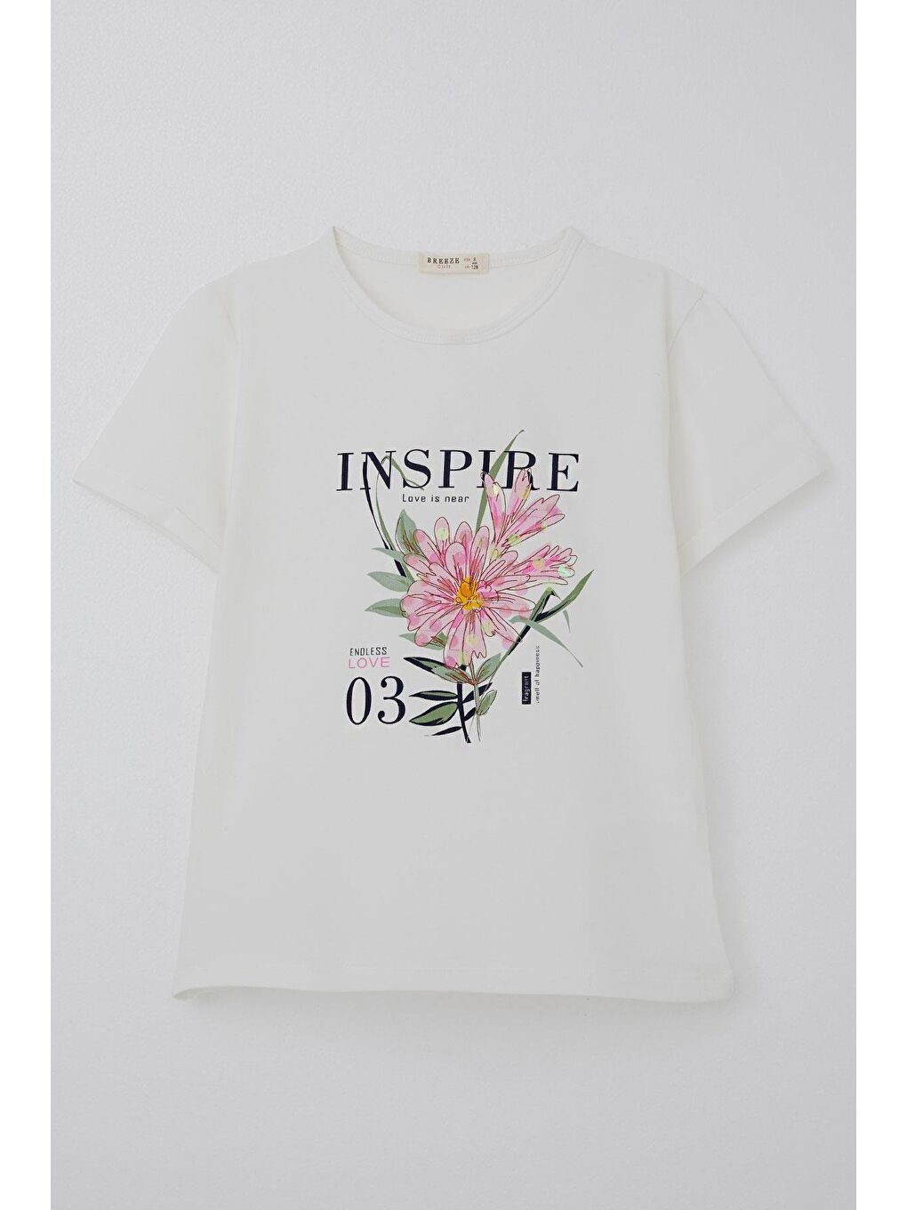 Kız Çocuk Tişört Sevgi Temalı Pullu Çiçek Baskılı Ekru (9-14 Yaş)