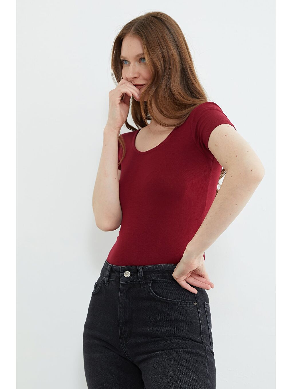 Bordo Basic U Yaka Crop Tişört-3