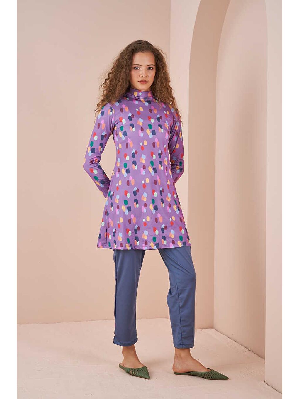 Maldiv Puantiye Desen Tesettür Mayo Lila-2