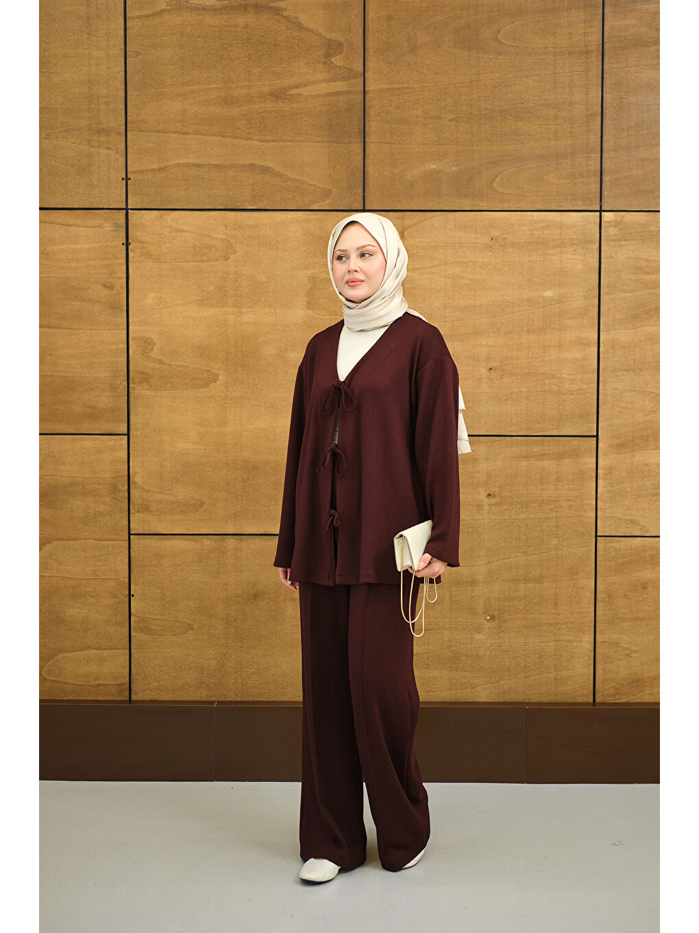Kadın V Yaka Bağcıklı Regular Viskon Kimono Takım Bordo-3