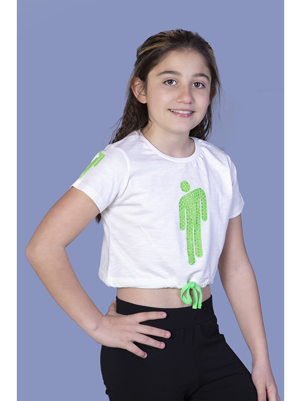 Ekru Kız Çocuk Crop Model Baskılı Taş İşlemeli Tişört