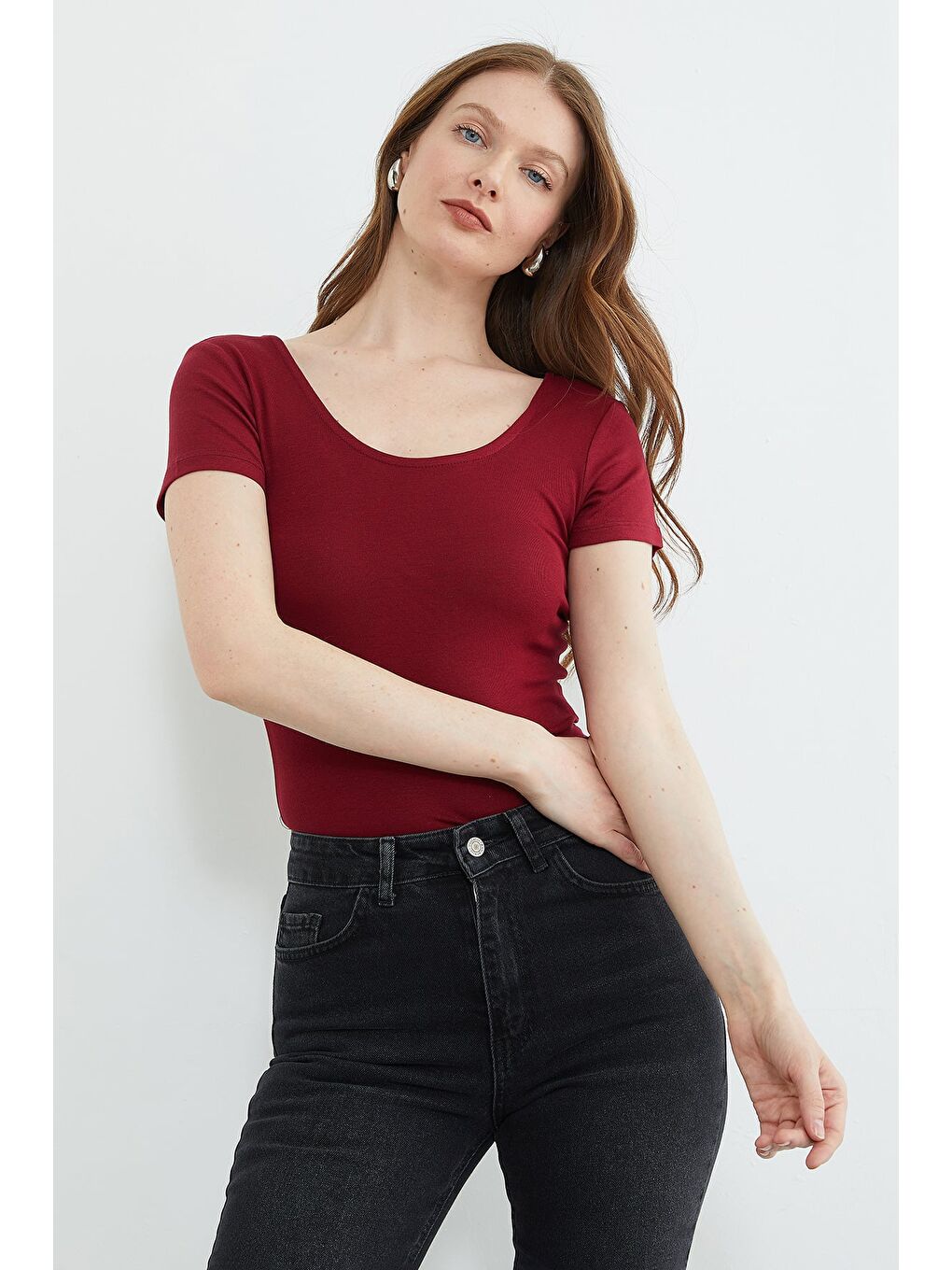 Bordo Basic U Yaka Crop Tişört-4