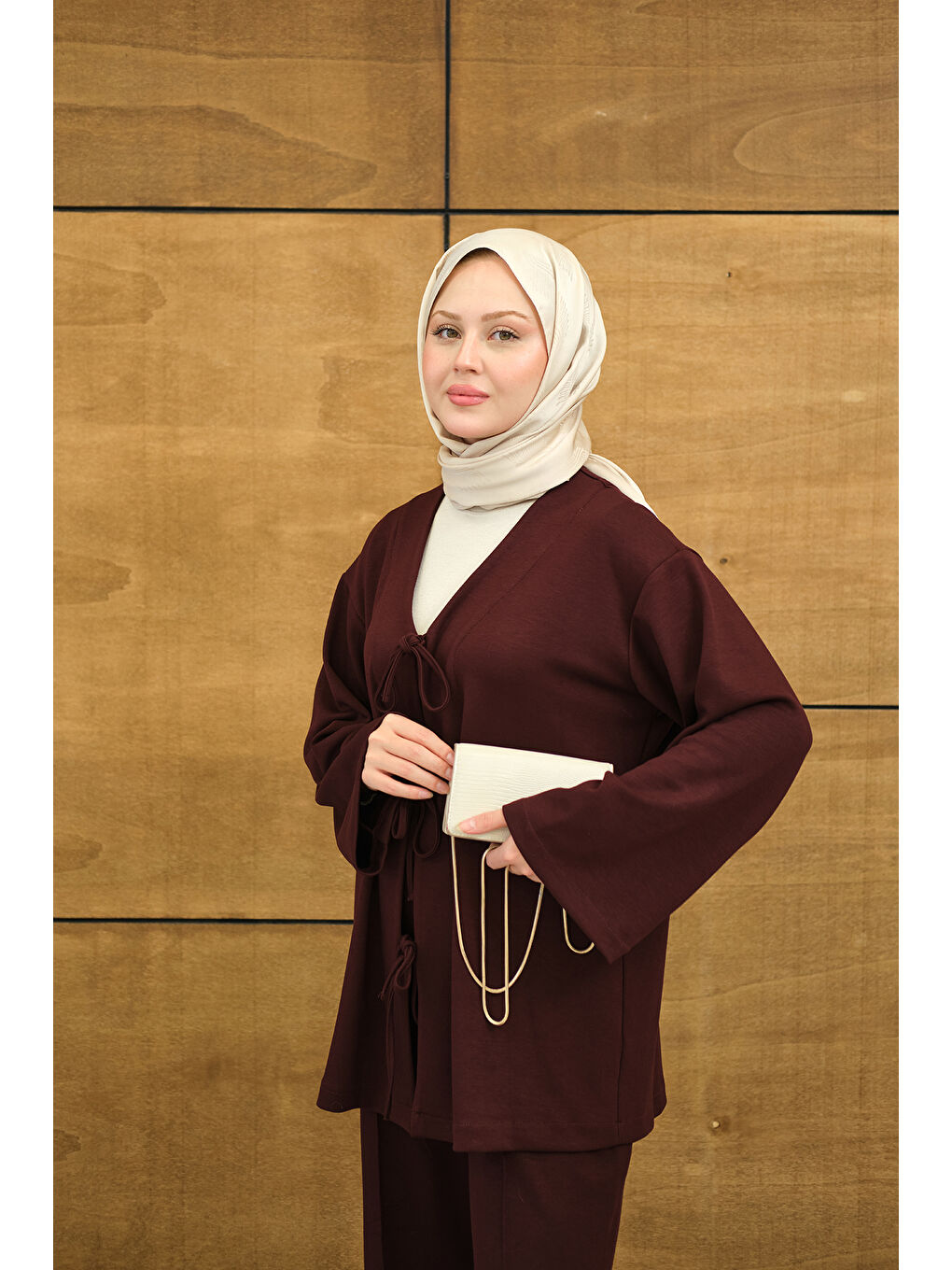 Kadın V Yaka Bağcıklı Regular Viskon Kimono Takım Bordo-4