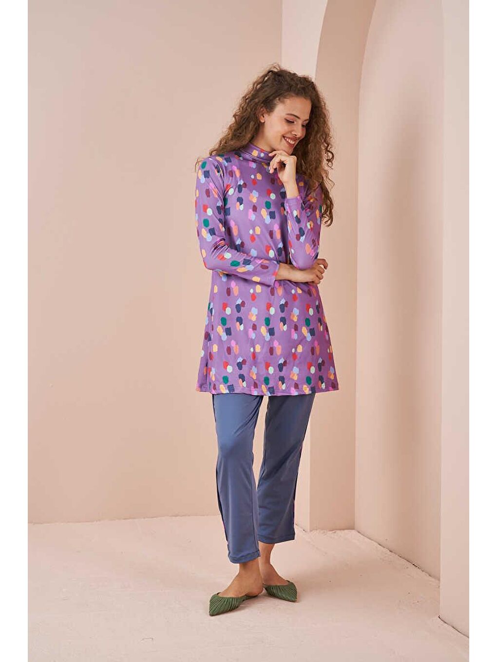 Maldiv Puantiye Desen Tesettür Mayo Lila-3