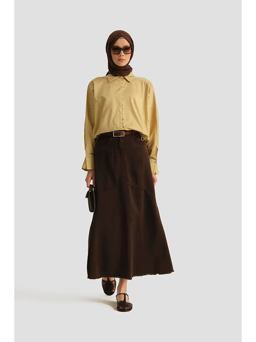 Kahverengi Lyocell Etek 25Yd9135 Acı Kahve-5