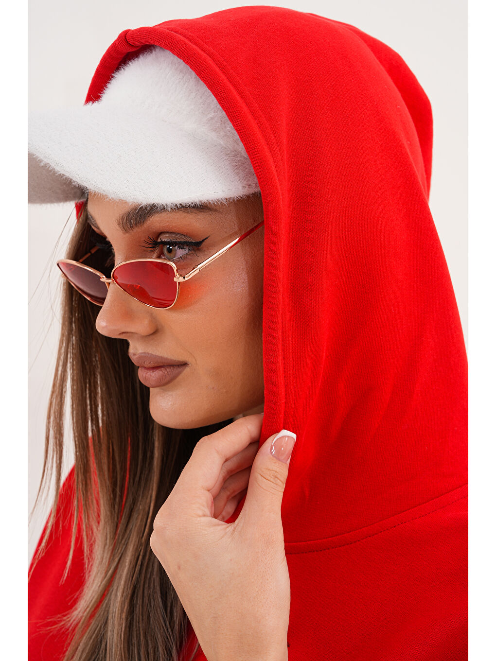 Kırmızı Unisex %100 Pamuk Basic Premium Kapüşonlu Sweatshirt-2