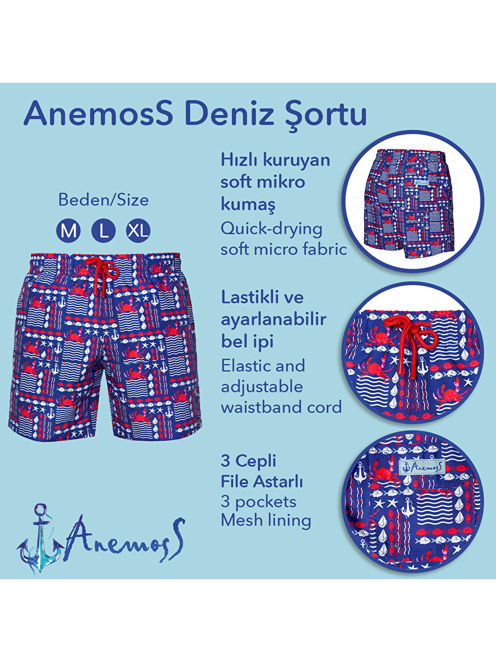 Karışık Yengeç Üç Cepli İçi Fileli Bel Lastik ve Bağlama İpli Erkek Deniz Şortu-3