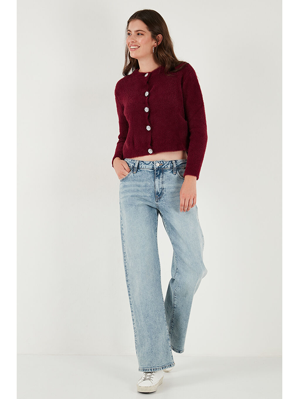 Bordo Fitted Fit Bisiklet Yaka Yumuşak Dokulu Crop Hırka 4615559-2