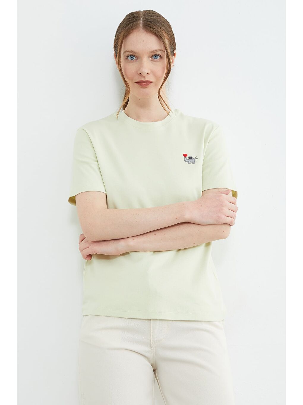 Yeşil Fil Nakışlı Bisiklet Yaka Tişört-3