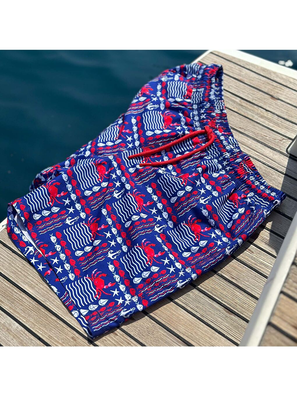 Karışık Yengeç Üç Cepli İçi Fileli Bel Lastik ve Bağlama İpli Erkek Deniz Şortu-4