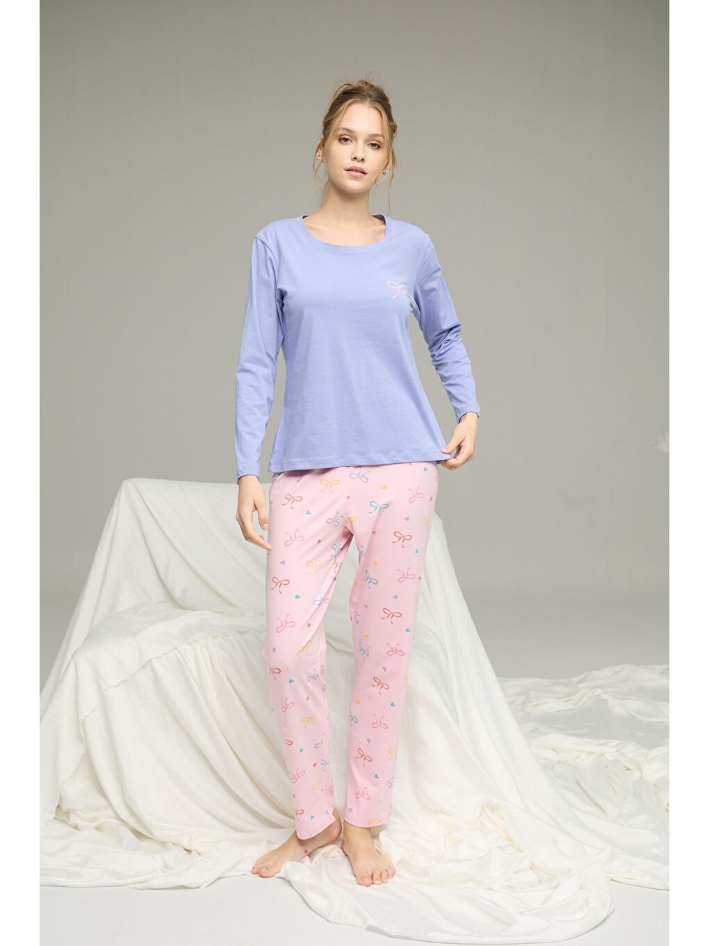 Lila Kurdele Desenli Örme Pamuklu Pijama Takım25240191-1