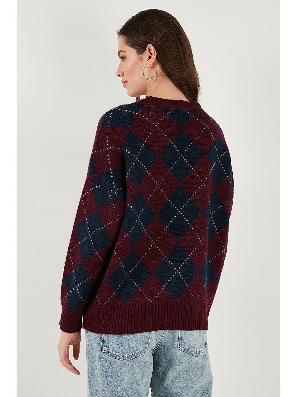 Bordo Oversize Fit Bisiklet Yaka Baklava Desenli Kazak 4615579-6