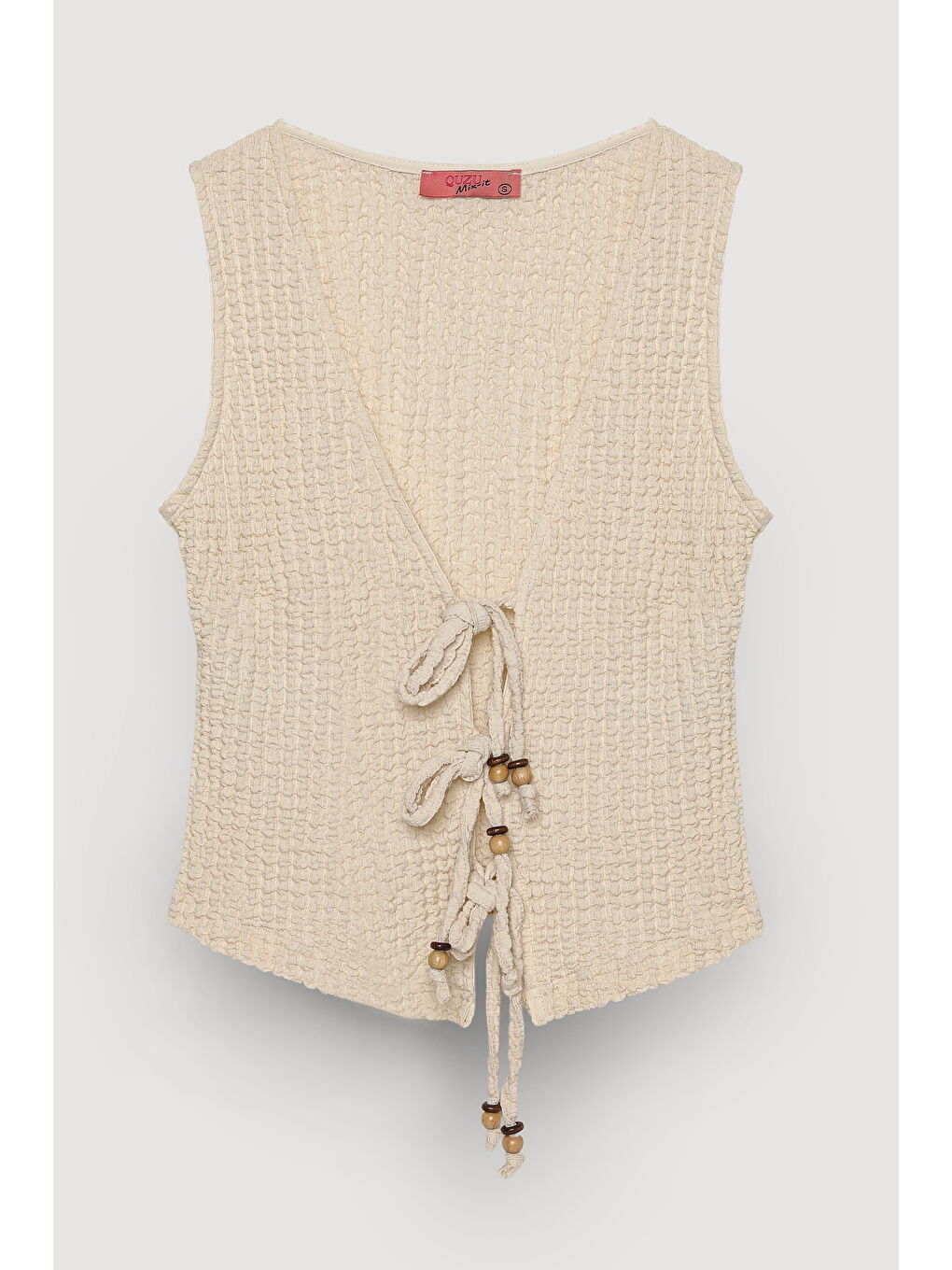 Bej Boncuk Bağlamalı Gofre Bluz Taş