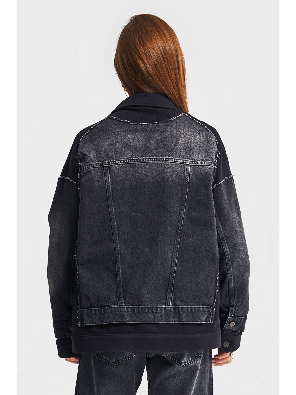 it's basic Gri Kadın Koyu Füme Renk 2w41 Örme Denim Karışımlı  Oversize Ceket Mont - 3