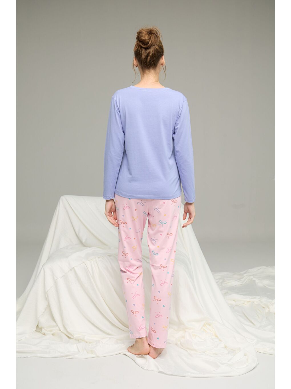 Lila Kurdele Desenli Örme Pamuklu Pijama Takım25240191-2