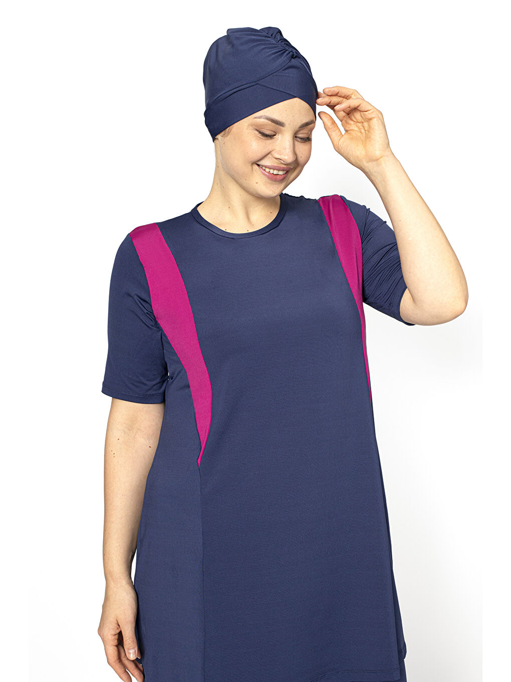 Lacivert Kısa Kol Garnili Büyük Beden Yarı Kapalı Mayo 4310-4