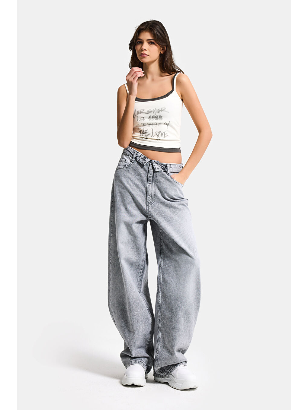 Kadın Gri 4s6-12 Straight Fit Kemer Detaylı Özel Tasarım Denim Jean