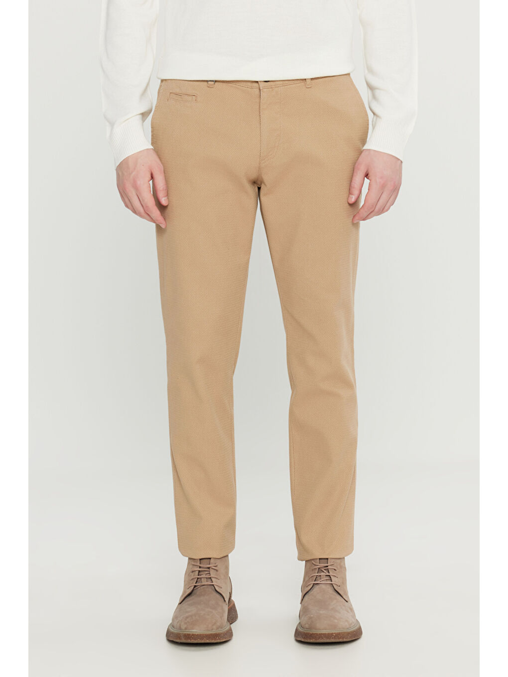 Bej Erkek Vizon Pamuklu Slim Fit Dar Kesim Yan Cepli Armürlü Esnek Casual Pantolon