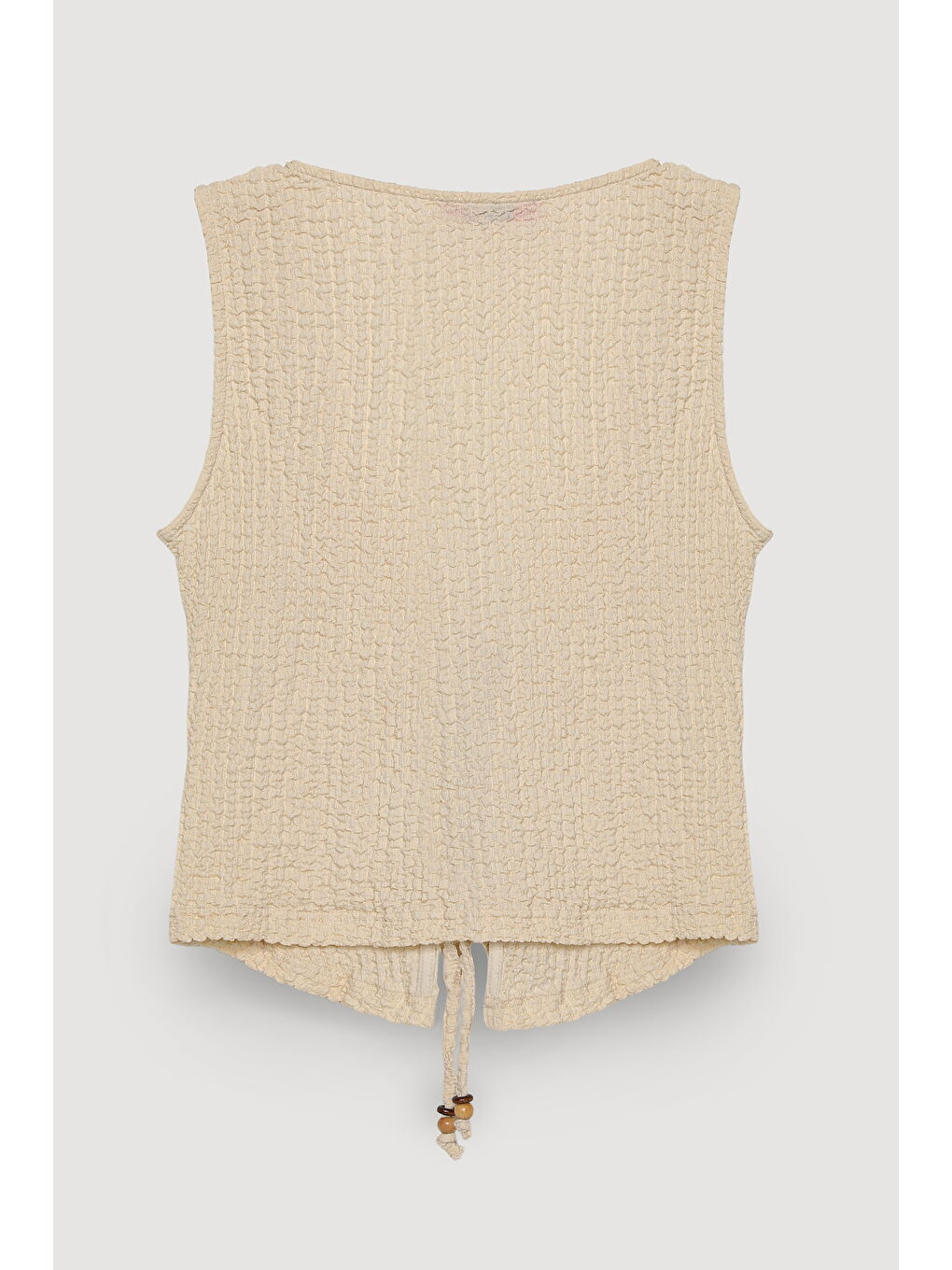 Bej Boncuk Bağlamalı Gofre Bluz Taş-2