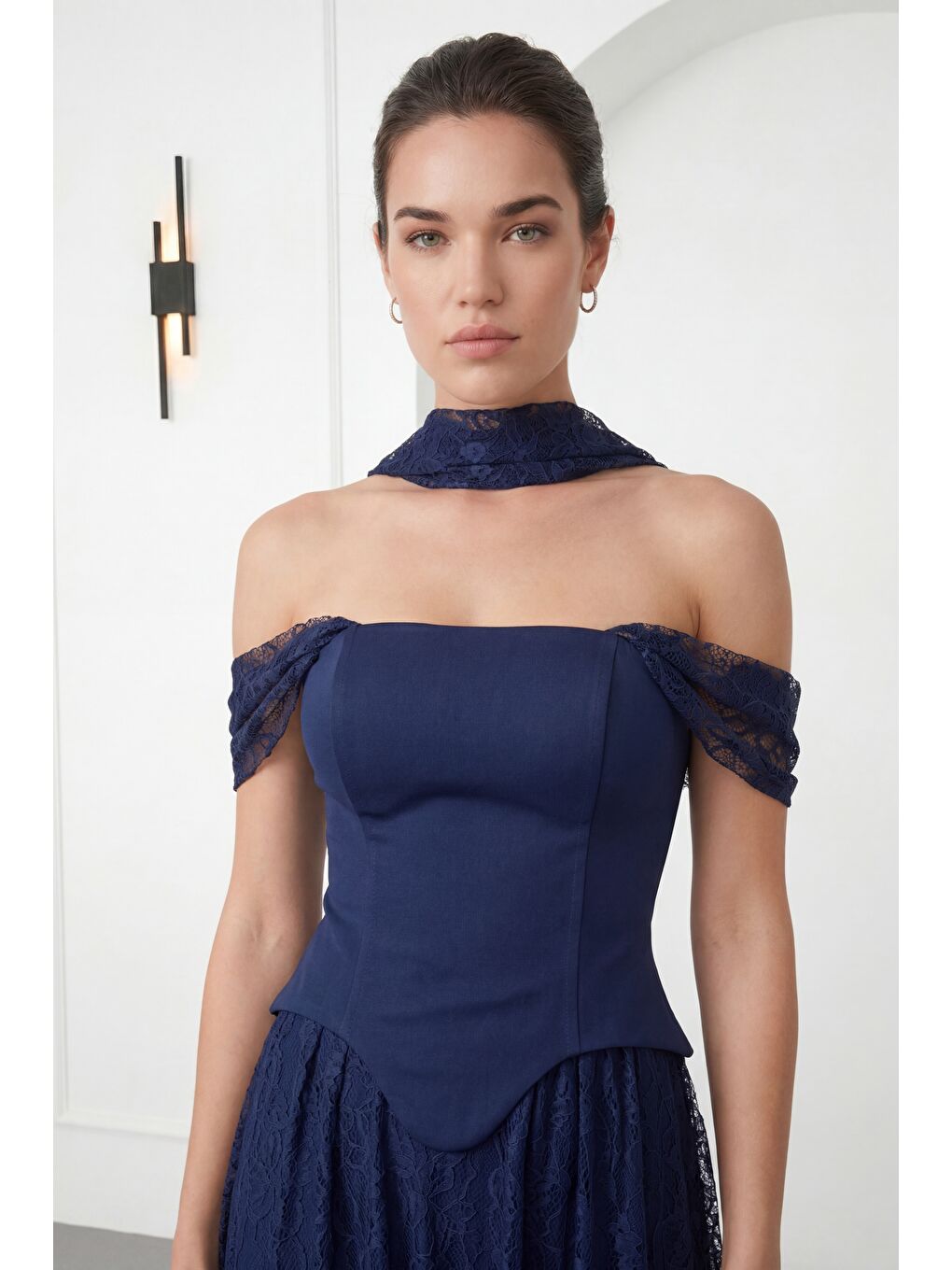 Kadın Lacivert Kayık Yaka Şal Yaka Dantel Detay Uzun Abiye Elbise-2
