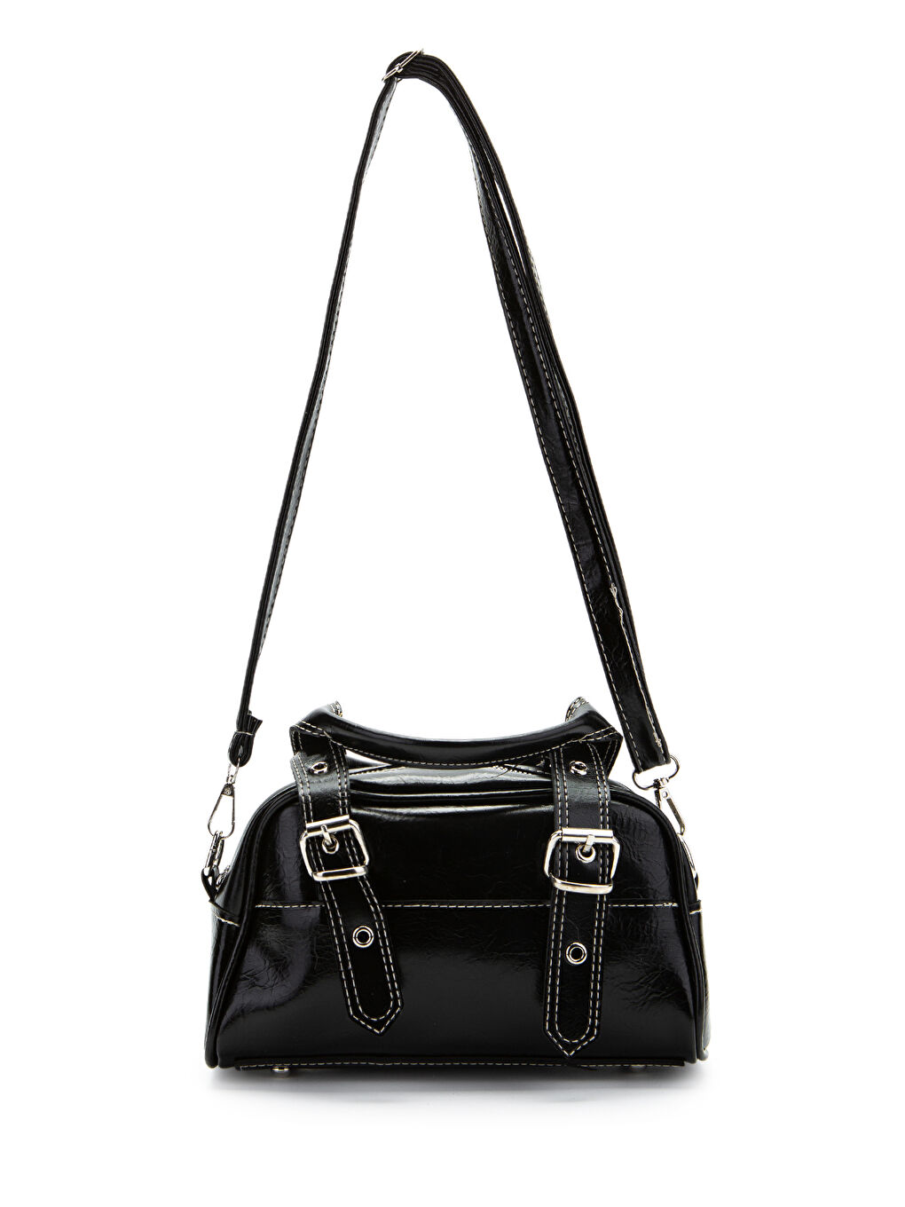 Çift Kemer Tokalı Ojos Siyah Suni Deri Kadın Çapraz Çanta-1