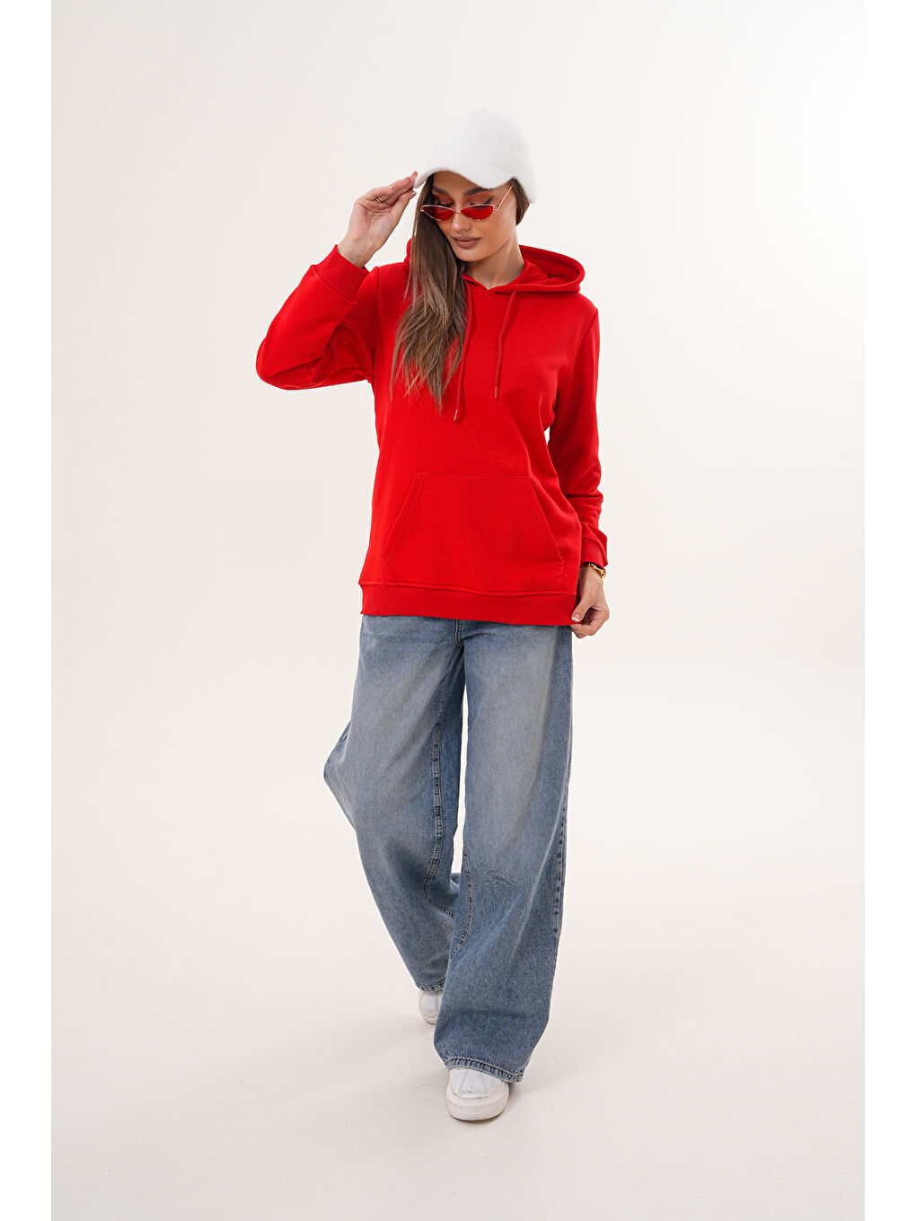 Kırmızı Unisex %100 Pamuk Basic Premium Kapüşonlu Sweatshirt-3