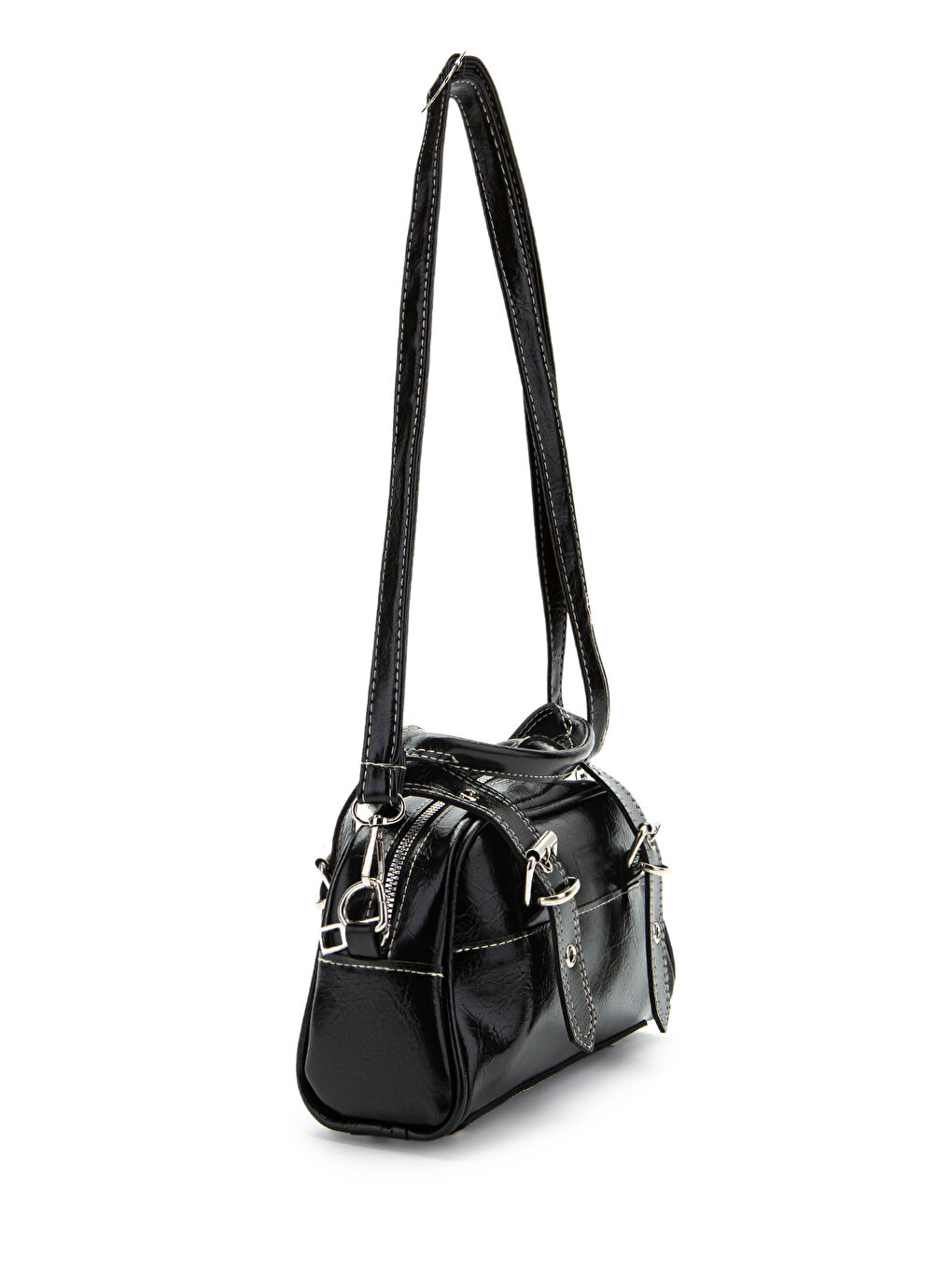 Çift Kemer Tokalı Ojos Siyah Suni Deri Kadın Çapraz Çanta-2