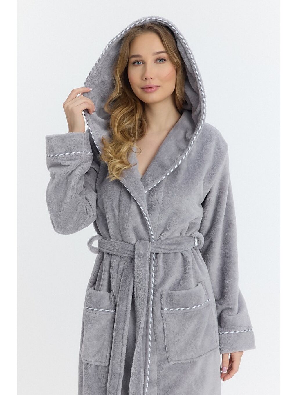 Gri Triga Kapüşonlu Kadın Bornozu %100 Pamuk-8