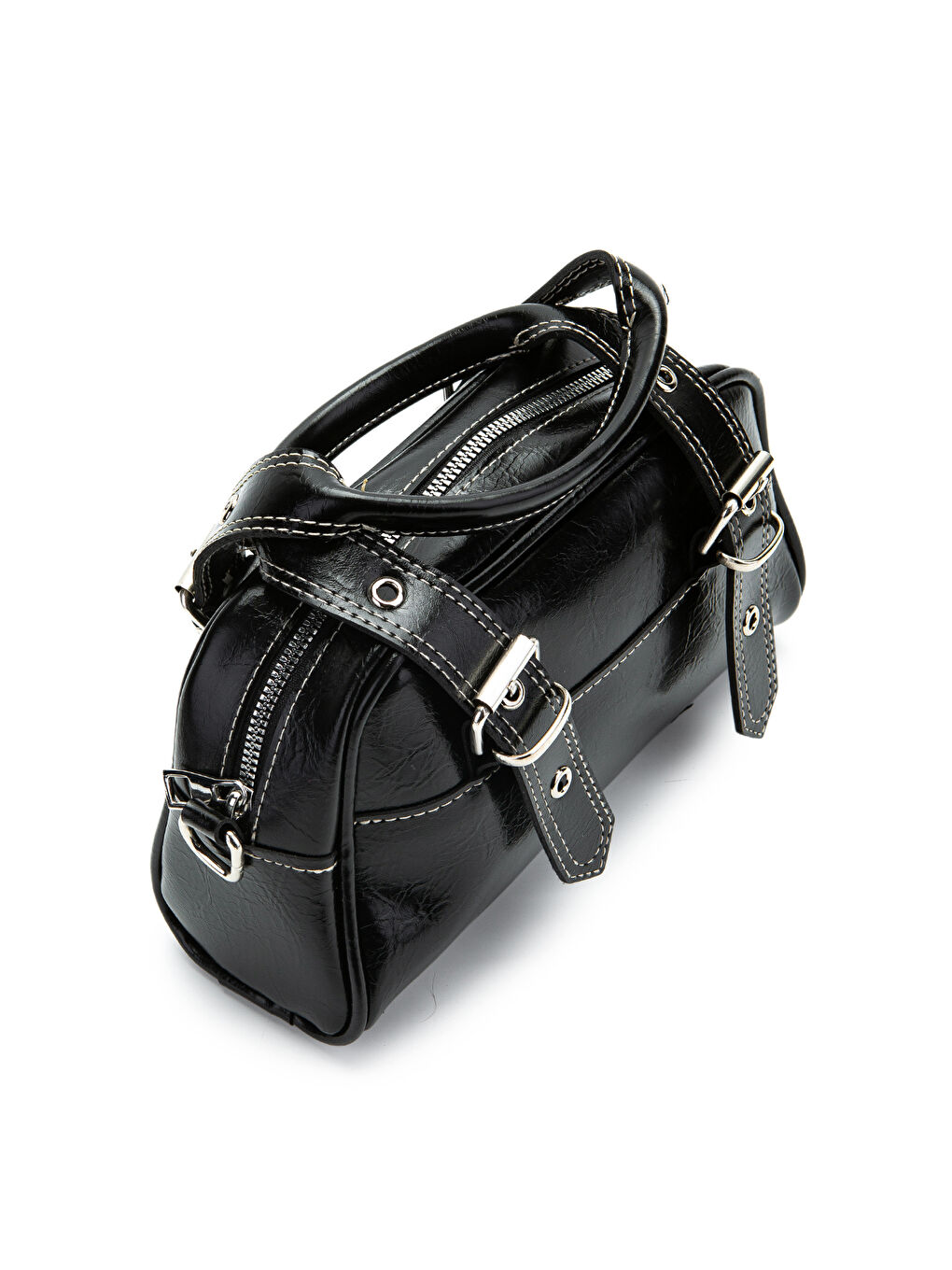 Çift Kemer Tokalı Ojos Siyah Suni Deri Kadın Çapraz Çanta-3