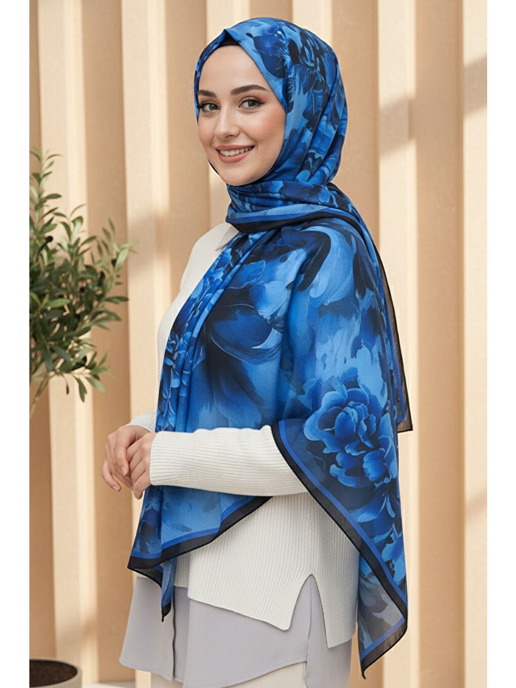 Mavi Mystic Flora Serisi Pamuk Şal Saks - 27988-SAKS-1