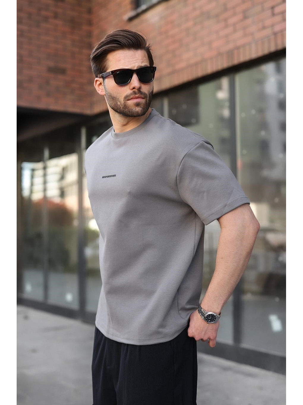 Gri Füme Bisiklet Yaka Oversize Erkek Tişört E7176-1