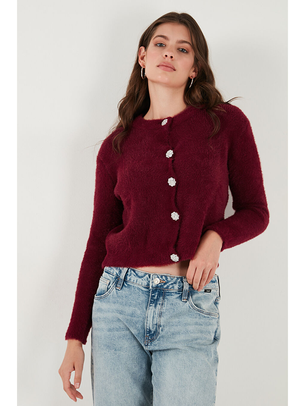 Bordo Fitted Fit Bisiklet Yaka Yumuşak Dokulu Crop Hırka 4615559-5