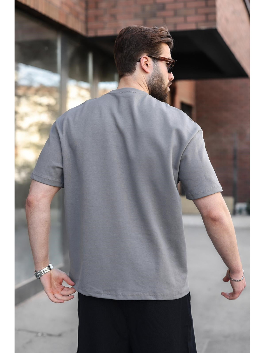 Gri Füme Bisiklet Yaka Oversize Erkek Tişört E7176-2