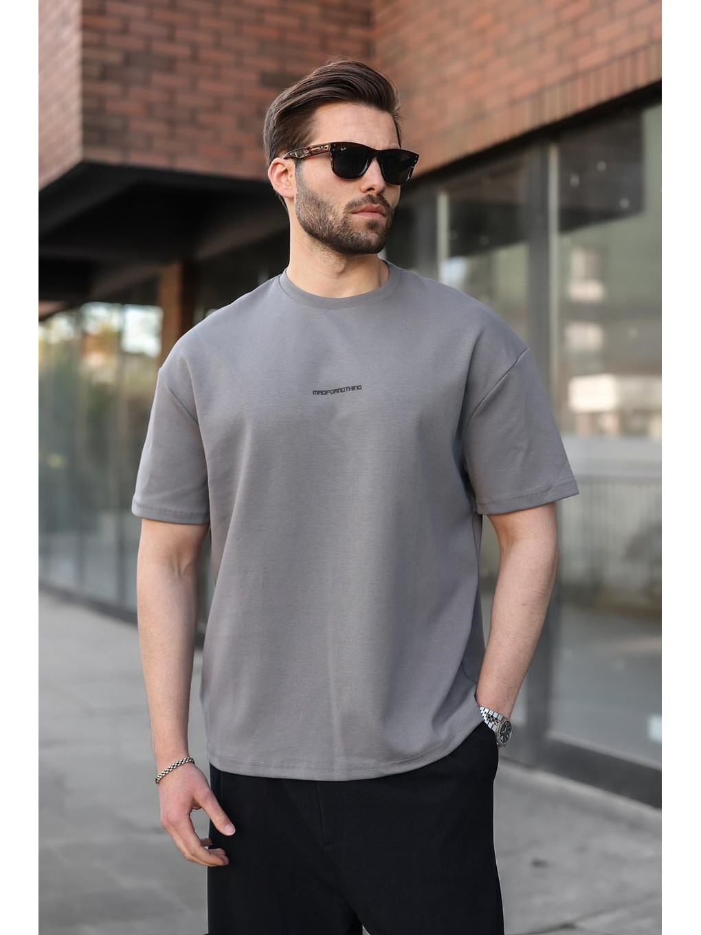 Gri Füme Bisiklet Yaka Oversize Erkek Tişört E7176-4