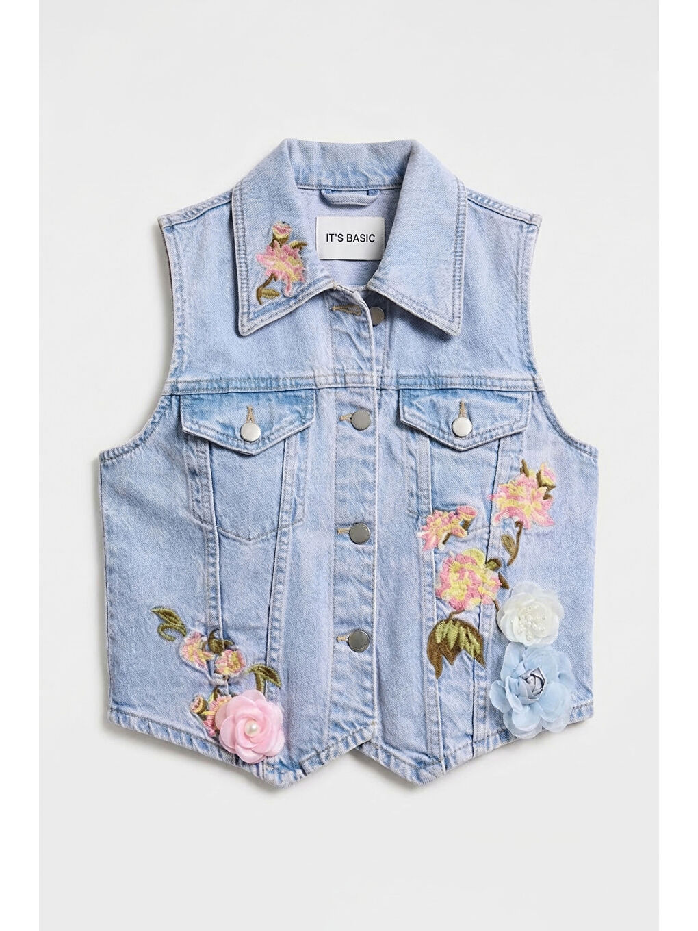 Mavi Kadın Jean Rengi 3s6-89 Crop Fit Gül ve Nakış Detaylı Özel Tasarım Denim Yelek