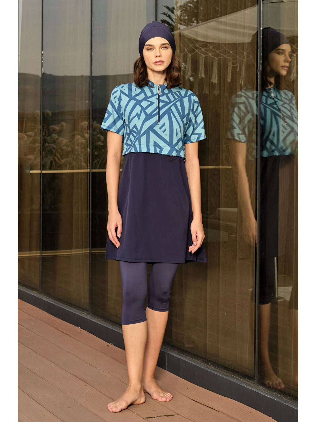 Spor Elastan Kısa Kollu Yarı Kapalı Mayo 3417 Lacivert Turkuaz