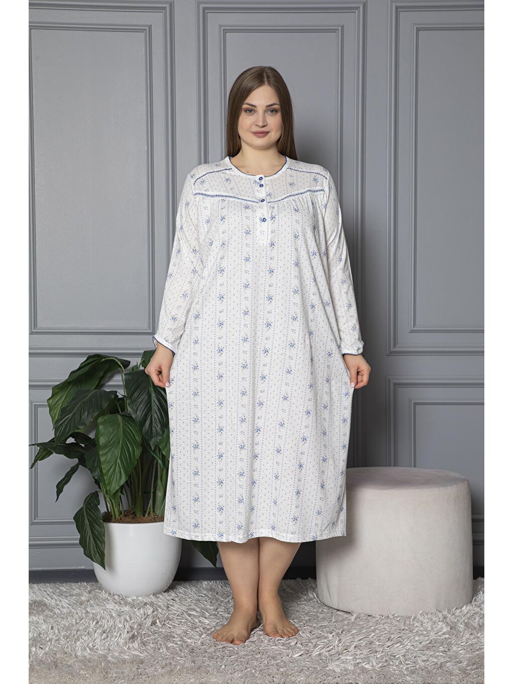 Mavi %100 Pamuklu Mevsimlik Uzun Kol Penye Büyük Beden Anne Geceliği 132