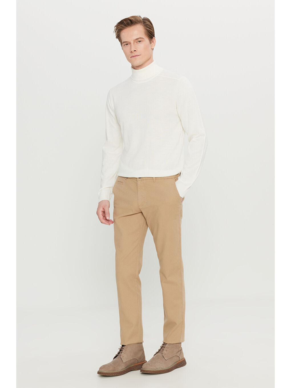 Bej Erkek Vizon Pamuklu Slim Fit Dar Kesim Yan Cepli Armürlü Esnek Casual Pantolon-1