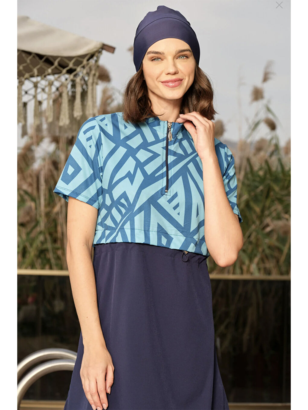 Spor Elastan Kısa Kollu Yarı Kapalı Mayo 3417 Lacivert Turkuaz-1